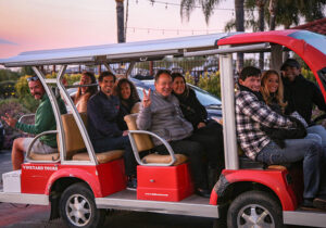guests on a winery tour cart